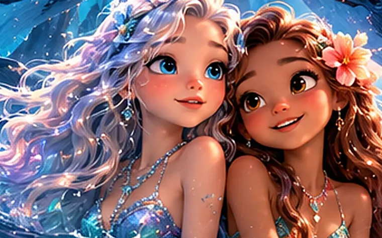 Lani and Lumi swimming together in a sparkling ocean