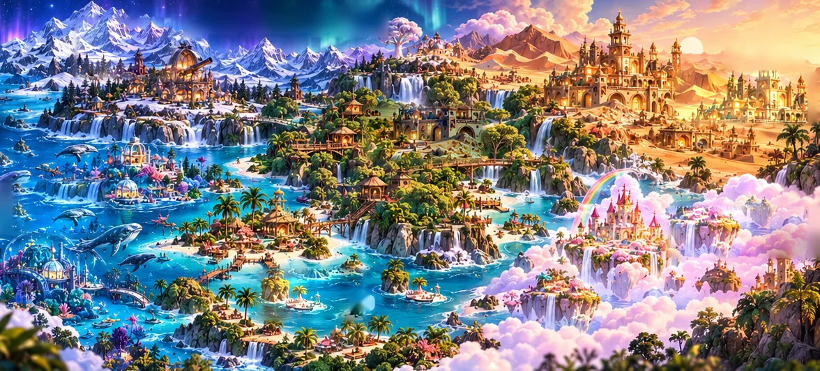 Illustrated map of the Wonder World: icy northern mountains, a central jungle of waterfalls, eastern desert kingdom, western ocean, southern tropical islands and a dreamy realm of floating cloud castles